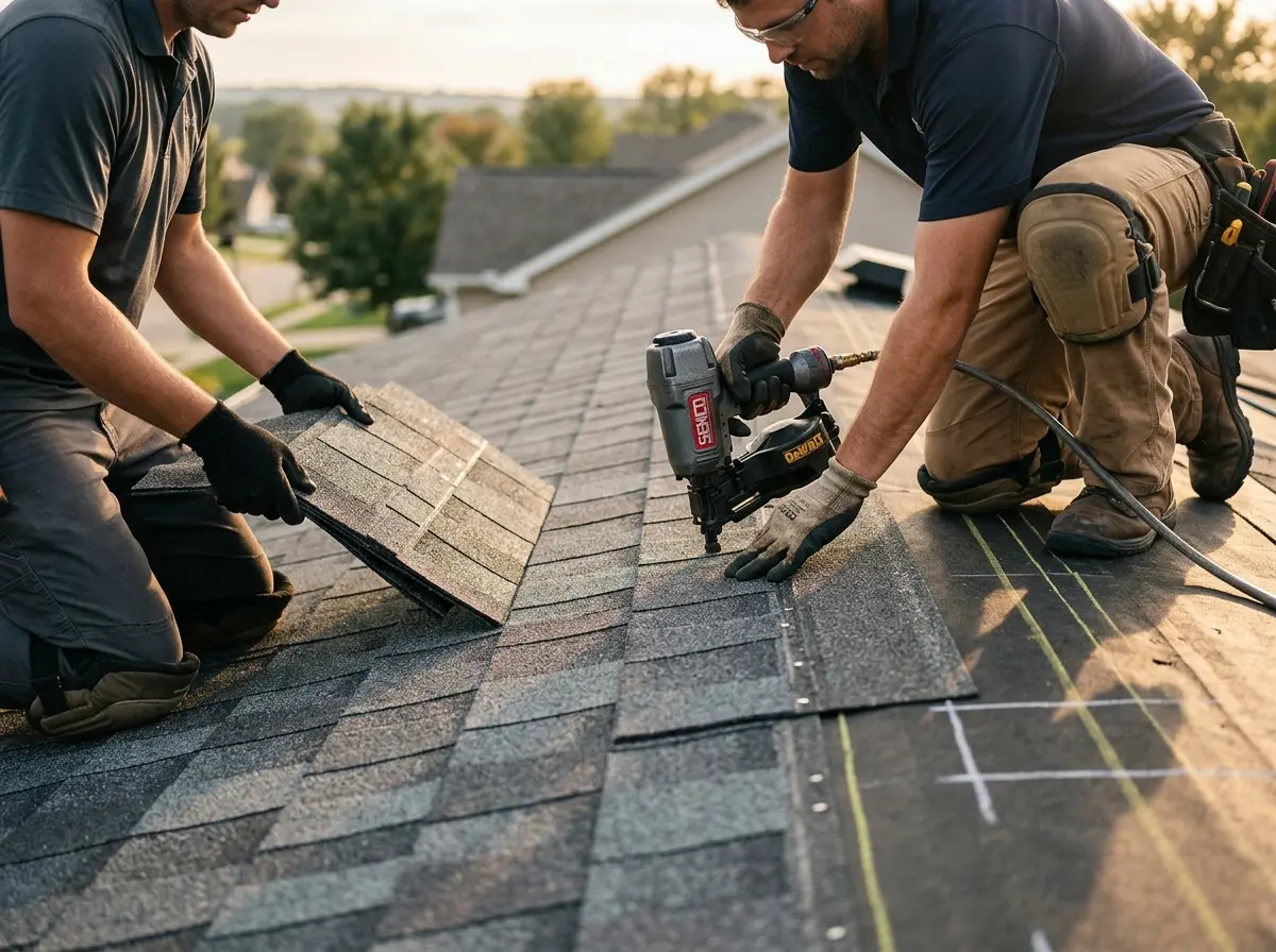 Professional roofer working on a residential roof in Cramerton
